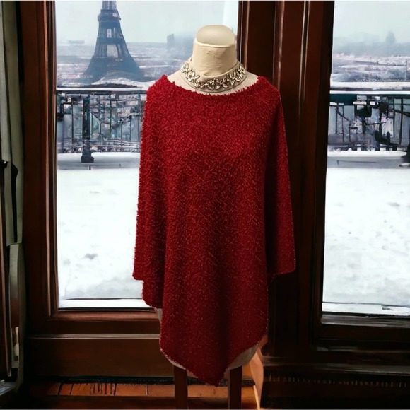 Vintage CHENILE Poncho Cape Coverup RED Long One Size Fits Most Flowy TEXTURED - Picture 6 of 13